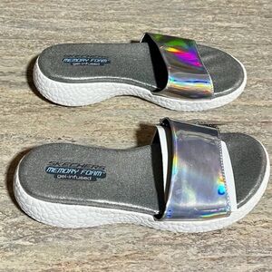 Sketchers Burst holographic memory foam gel infused silver Sandals